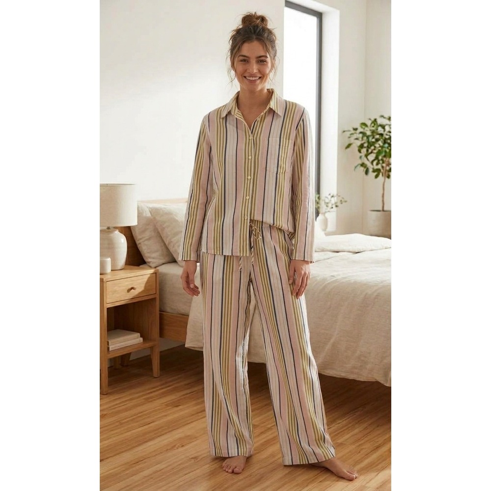 Pour Les Femmes Pajama Set Small Cotton Striped Button Down Top Pants Pink
